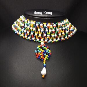 Hong Kong Hand Made Small Beaded Collar Necklace, Boho Seed Beads, 14 1/2 Inches